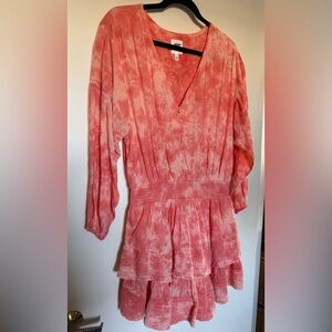 Aerie Long Sleeve Rock ‘n Ruffle Layered Coral & White Tie Dye Mini Dress Large